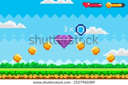 Scenic video game level in pixel art style with a purple gem and gold coins floating in the sky. Heart and sword icons in top right corner denote player status. Ideal for gaming, nostalgia, retro