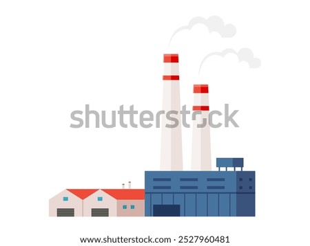 A factory setup with two tall smoke stacks emitting light smoke, three storage buildings with red roofs, and a main industrial building. Ideal for industrial, manufacturing, energy production