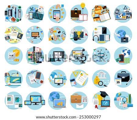 Icons set banners for business work, mobile payment, pay per click, brand design, creative process, banking, analysis in flat design