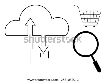 Cloud with up and down arrows, a shopping cart, and a magnifying glass. Minimalist style. Ideal for cloud services, online shopping, data transfer, search optimization, and technology concepts