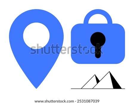 Blue location pin, blue padlock with black keyhole, and black-and-white pyramids on white background. Ideal for travel, security, navigation, history, graphic design. Minimalistic modern style