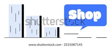 Bar chart with decreasing bars alongside a blue speech bubble containing the text Shop. Ideal for business data, sales reports, e-commerce, retail statistics, marketing presentations. Simple vector