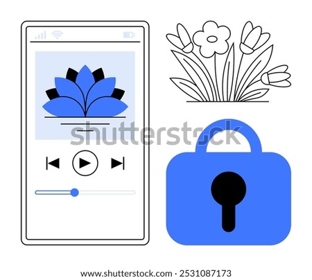 Smartphone screen displaying a music player with a blue lotus icon, lock illustration, and flower graphic. Ideal for digital security, technology, nature, apps, and modern design themes