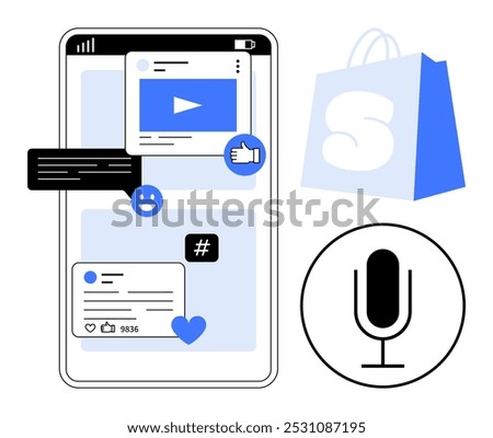 Smartphone screen with social media interface includes thumbs up and comments happy face video play button microphone symbol hashtag shopping bag. Ideal for social media marketing ecommerce