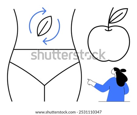 Minimalist lines show a human torso, an apple and a person pointing. Ideal for health, digestion, nutrition, wellness and fitness themes. Clean vector style with blue and black colors