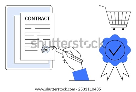 Hand signing a contract document with a pen, a certificate with a checkmark ribbon, and a shopping cart symbol. Ideal for legal agreements, business transactions, certifications, e-commerce