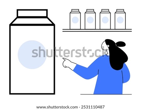 Woman with black hair and blue sweater pointing at milk cartons on shelf with large milk carton on left. Ideal for retail, grocery shopping, product choice, consumer behavior, marketing