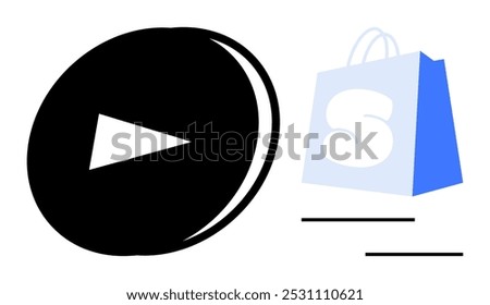 A blue shopping bag with an S logo, a black play button symbol, and three lines. Ideal for e-commerce, online shopping, digital marketing, multimedia design, and tech startups. Flat modern style