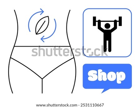 Minimalist graphic of a persons torso, symbolizing weight loss and muscle gain, includes a leaf and arrows, weightlifter icon, and Shop text. Ideal for health, fitness, diet, workout, and online