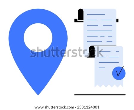 Large blue location pin symbol next to two scroll receipts with a blue check mark. Ideal for topics on location tracking, business transactions, point of sale, invoicing, and payment processing. Flat