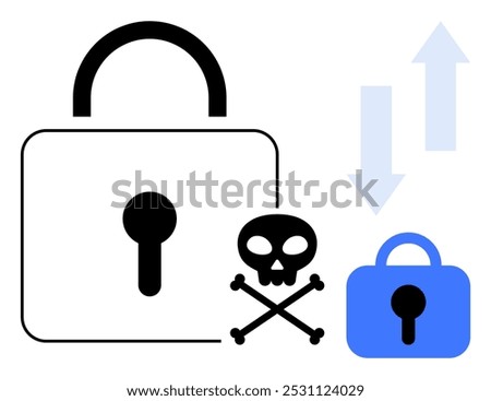 Large lock with a keyhole beside a skull and crossbones, smaller lock, and up and down arrows. Ideal for online security, data protection, cyber threats, privacy warnings, and digital safety. Simple