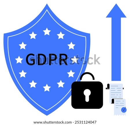 Blue shield labeled GDPR with twelve stars, black lock symbol, document, and upward arrow. Ideal for data protection, security, compliance, privacy policy, online safety. Minimalist digital design