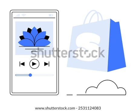 Smartphone screen displaying music player with lotus flower graphic and play controls next to a blue shopping bag. Ideal for promoting mobile applications, e-commerce, online shopping, music