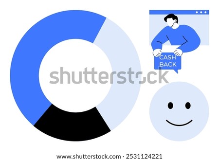 A person holding a folder labeled cash back next to a pie chart and a happy face. Ideal for financial services, customer satisfaction, rewards programs, online shopping, and marketing strategies