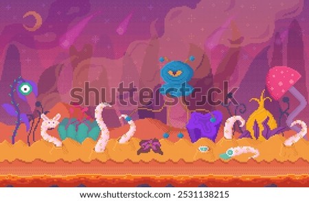 A whimsical, alien environment with colorful, strange plants and creatures under a purple sky filled with comets. Ideal for science fiction, fantasy, video game backgrounds, imaginative stories, kids