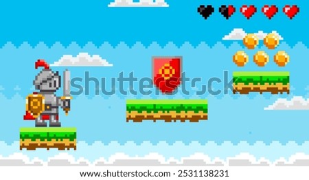 A pixel art knight holding a sword and shield is standing on a grassy platform against a blue sky, with floating coins, a shield power-up and hearts indicators. Ideal for retro gaming platformers