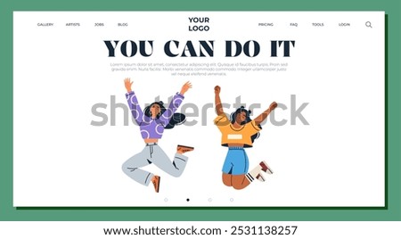 Two characters jump with joy under a motivational message on a website homepage. Ideal for e-commerce, online stores, motivational content, sportswear promotion, and user engagement. Modern and flat