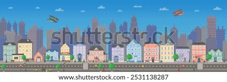 Colourful cityscape with vintage airplanes flying over diverse buildings against a backdrop of towering skyscrapers and a clear blue sky. Ideal for city life representation urban architecture travel