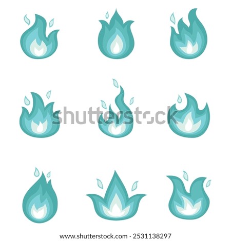 Several blue and white flames displayed in a 3x3 grid represent different shapes. Ideal for design projects, icons, animations, fantasy themes, and games. Simple, modern, stylized