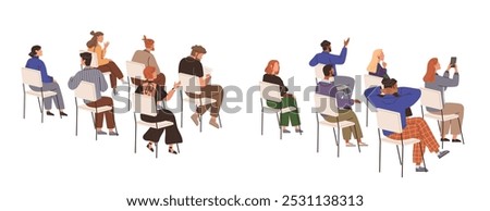 A diverse group of people sitting on chairs arranged in rows, actively participating or observing. Ideal for themes like education, community, teamwork, diversity, and group discussion. Modern and