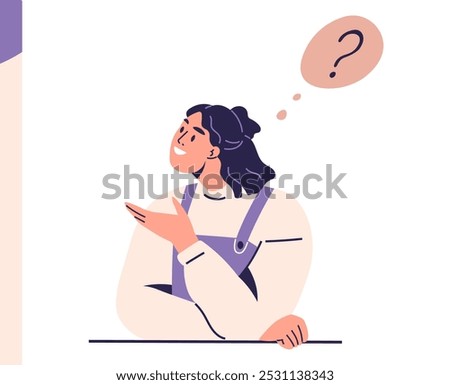 Young woman thinking with a question mark. Next to her is a contact form with fields for name, email, and message. Ideal for customer support, user interface, communication, web contact forms, and