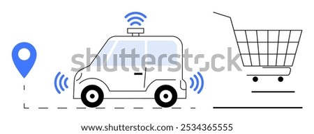 A self-driving car with wireless signals, a shopping cart, and a location pin symbolize modern online retail. Ideal for e-commerce, logistics, online shopping, delivery systems, and technology