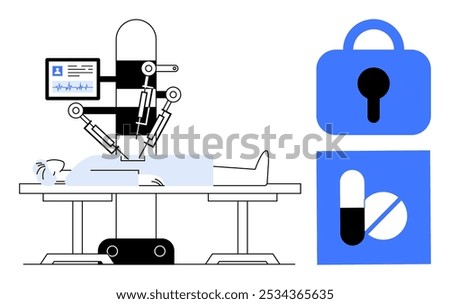 Robotic arms performing surgery on a patient with medical monitor. Lock and pill boxes represent security and medication. Ideal for healthcare, technology, robotics, cybersecurity, pharmaceuticals