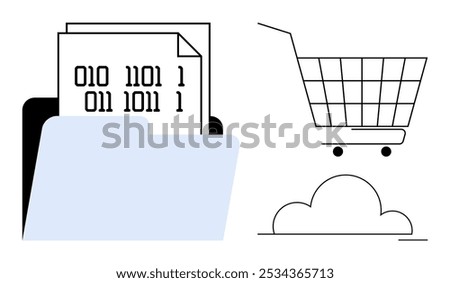 A folder with binary-coded documents next to a shopping cart icon beside a cloud. Ideal for themes of digital storage, online shopping, cloud computing, data management, and technology. Simple line