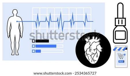 Heart rate with human figure, charts, and heart. Bars and data display medical progress. Ideal for healthcare, cardiology, medical devices, telemedicine, and health apps. Simple flat design style