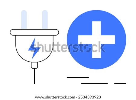 Simplistic design showing an electric plug with a lightning bolt and a blue plus sign. Ideal for technology electricity healthcare renewable energy and infrastructure. Clean minimalistic style