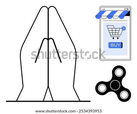 Two hands in a prayer position next to a smartphone with a shopping cart icon and a fidget spinner. Ideal for online shopping, mindfulness, stress relief, modern lifestyle, e-commerce. Simple