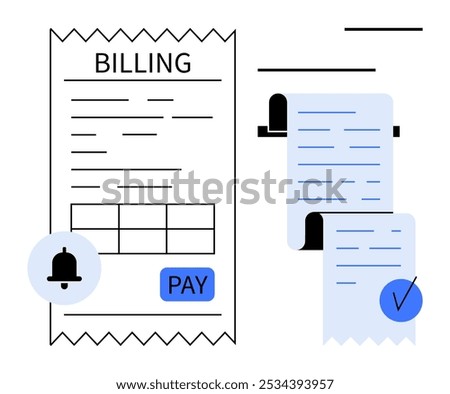 Two simplified receipts are shown with billing details. One has a bell icon for payment reminders and a pay button. Ideal for finance management, online payments, invoicing, accounting, and bill