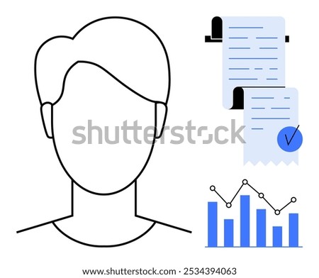 Minimalist outline of a faceless person beside two rolled-up documents with writing and a blue checkmark. A bar graph with five columns and dotted data points. Ideal for data analysis, business