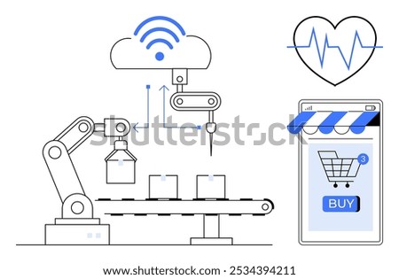 Robotic assembly line with wireless signals, heart rate monitor, and a smartphone depicting online shopping. Ideal for industrial automation, smart manufacturing, IoT, e-commerce, and technology