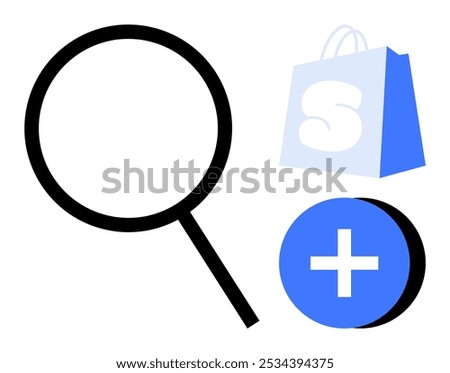 Magnifying glass with a shopping bag icon and a plus sign button. Ideal for E-commerce, online shopping, product search, purchasing, adding to cart. Simple, clean vector style