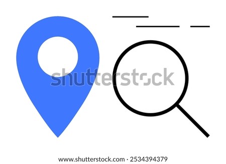 Blue location marker on the left and black magnifying glass on the right. Ideal for navigation search location travel maps exploration in modern flat style. Simple design with a clean