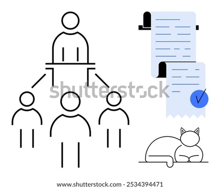 People connected in a hierarchy, two documents rolled with checkmarks, and a sleeping cat. Ideal for business organization, team structure, document management, planning, relaxation themes