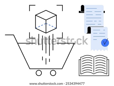 Simple design shows a shopping cart, package, receipts, and an open book with black, white, and blue tones. Ideal for online shopping, e-commerce, digital transactions, product management