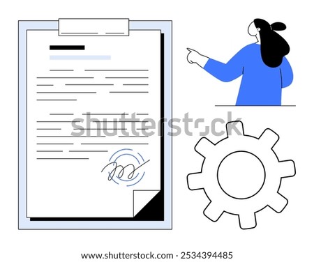 A person pointing at a signed document next to a gear symbol. Ideal for business documentation, workflow management, contract signing, professional services, corporate presentations. Simple modern