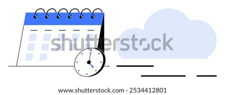 Spiral-bound calendar next to a clock and a cloud. Ideal for productivity, scheduling, organization, planning, cloud storage. Minimalist, modern style. Simple blue, white, black colour scheme