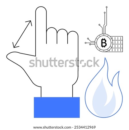 A hand gesture with a bidirectional arrow, a blockchain symbol with a Bitcoin logo, and a flame icon. Ideal for technology, cryptocurrency, blockchain, innovation, digital trends. Simple modern style