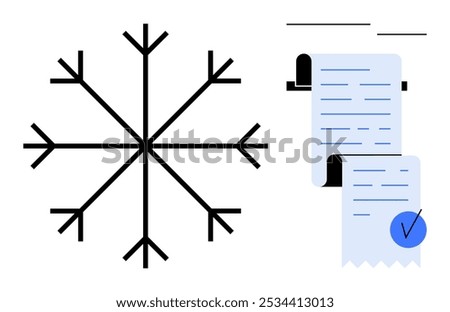 Snowflake symbol next to two receipt scrolls with check marks. Ideal for winter sales, financial documentation, accounting, tax season, and business reports. Simple minimalistic vector style