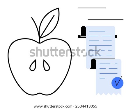 Outline of an apple and two blue receipts, one with a checkmark. Ideal for food, healthy eating, grocery shopping, diet planning and documentation themes. Minimalist vector style