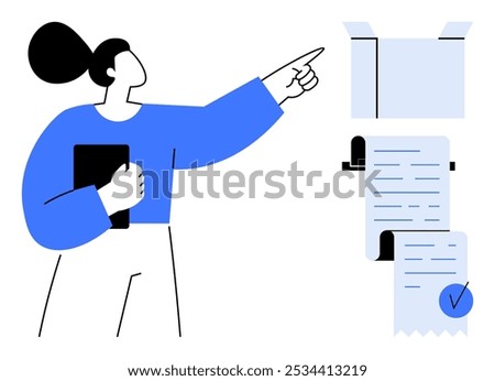 Woman holds a clipboard and points at a document with a checkmark. Ideal for business presentations, administrative tasks, goal setting, productivity apps, and workflow illustrations. Modern minimal