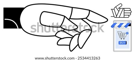 Large hand gesture reaching towards a shopping cart on a screen with a buy button. Additional hand icon with tapping motion. Ideal for e-commerce, technology, digital marketing, online shopping