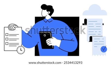 Person holding a tablet with documents and a checklist. Nearby are a clock and a cloud with documents and a checkmark. Ideal for project management, productivity, organization, time management