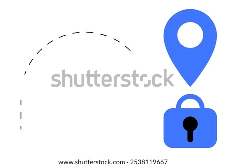 Location pin icon above a secure padlock. Ideal for data security, privacy, geolocation services, GPS navigation, and cybersecurity. Simple graphic design style with minimalistic appearance