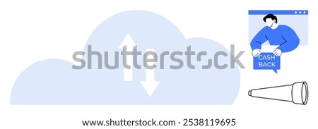 Large cloud with bidirectional arrows, a person holding a cashback sign, and a telescope. Ideal for cloud computing, data transfer, online savings, exploration, and future technology themes