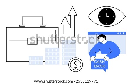 Business briefcase, rising arrow graphs, stacks of money, eye with clock indicating time management, and a person with cashback sign. Ideal for finance management, business growth, investment