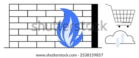 Blue flame against a brick wall with shopping cart and cloud icons. Ideal for cybersecurity, online shopping, cloud storage, data protection, internet safety. Minimalist modern style